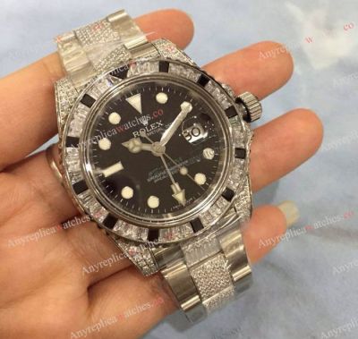 Swiss replica rolex gmt master ii black face diamond watch
